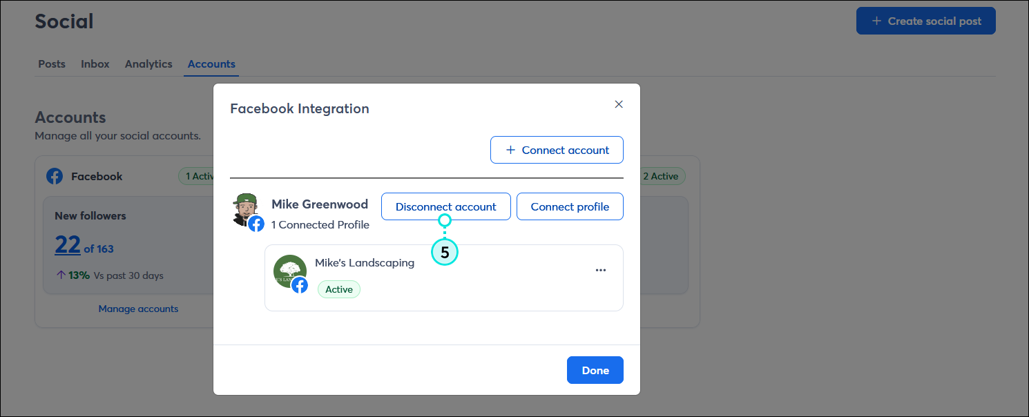 Facebook integration overlay with Facebook account with one profile connected, and Disconnect account button