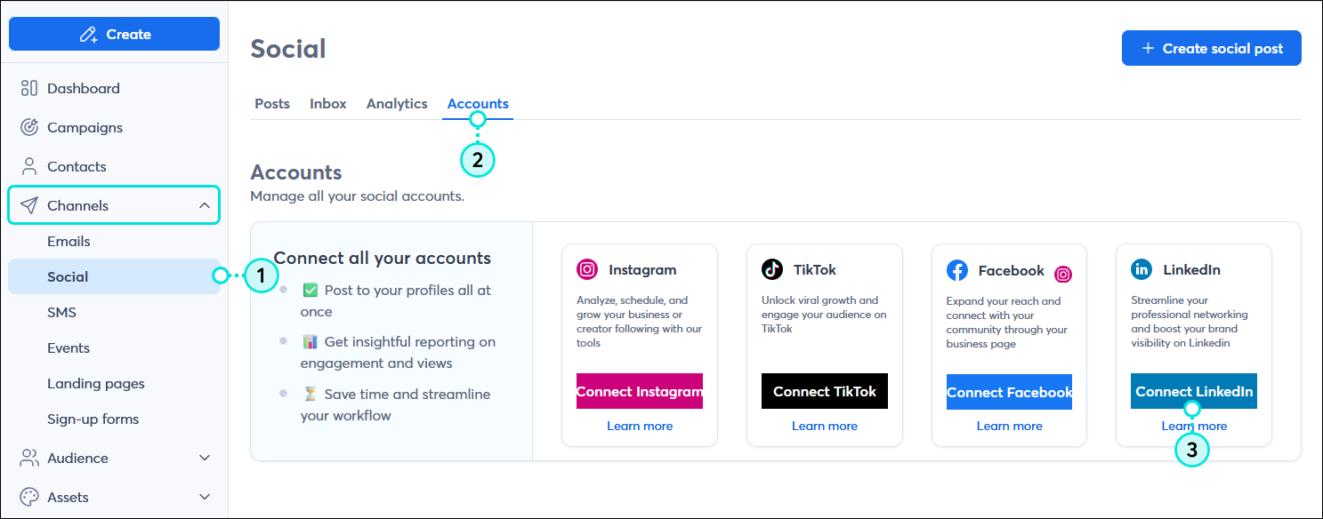 Channels menu expanded with Social option selected, Social dashboard with Accounts tab selected, and Accounts options with LinkedIn tile and Connect LinkedIn button