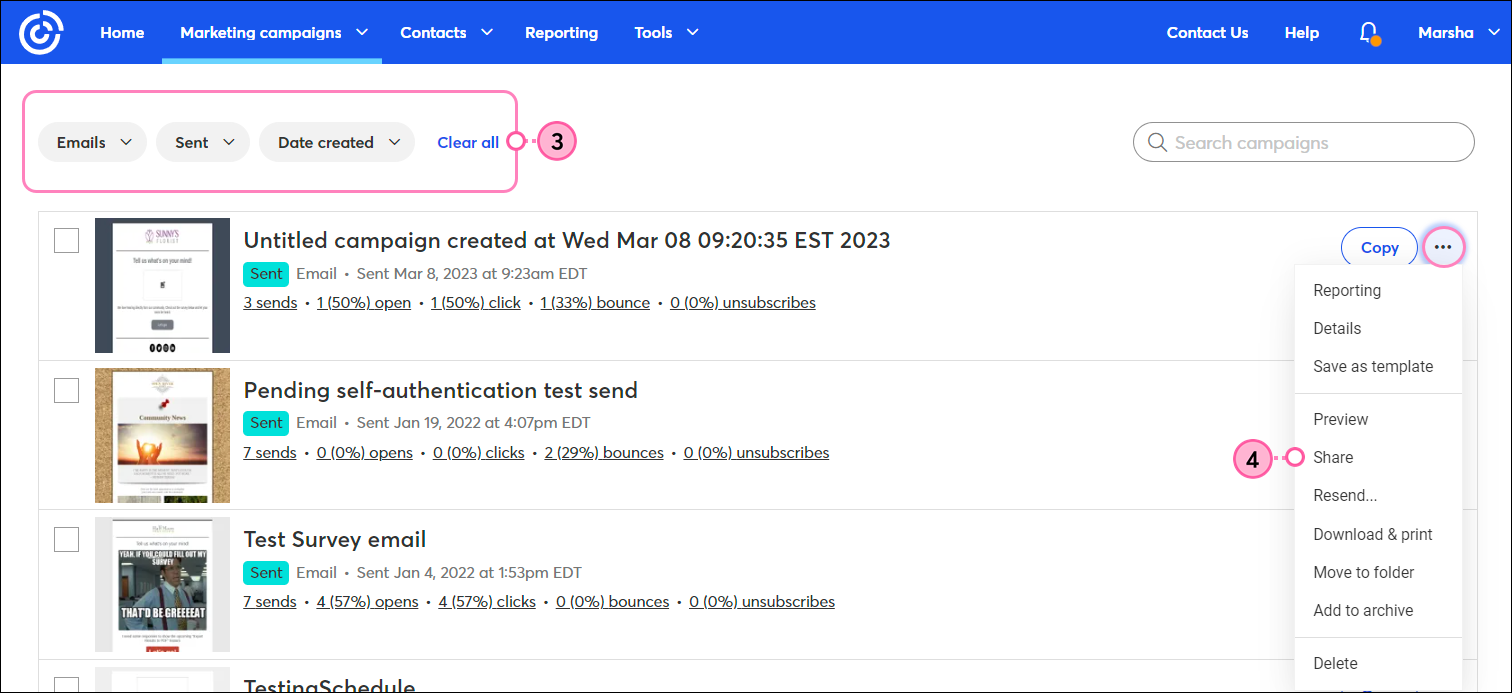 Campaigns tab, List View tab selected, Campaigns drop-down menu and Emails option selected, Status drop-down menu and Sent option selected, Sort by drop-down menu selected and Date created option selected, Sent email with menu expanded and Share option selected