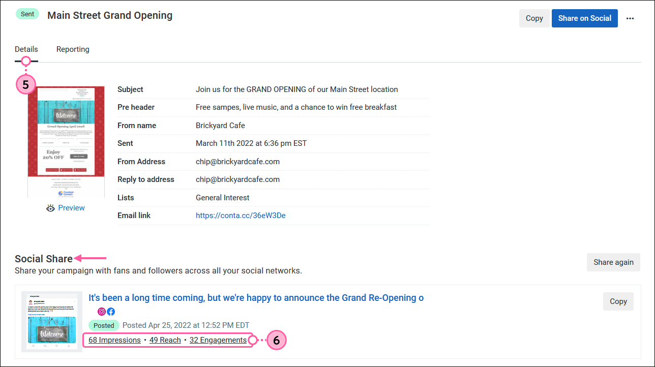 Email Details page, Details tab selected, Social Share section with posted Social Post, and Impressions, Reach, and Engagement metrics
