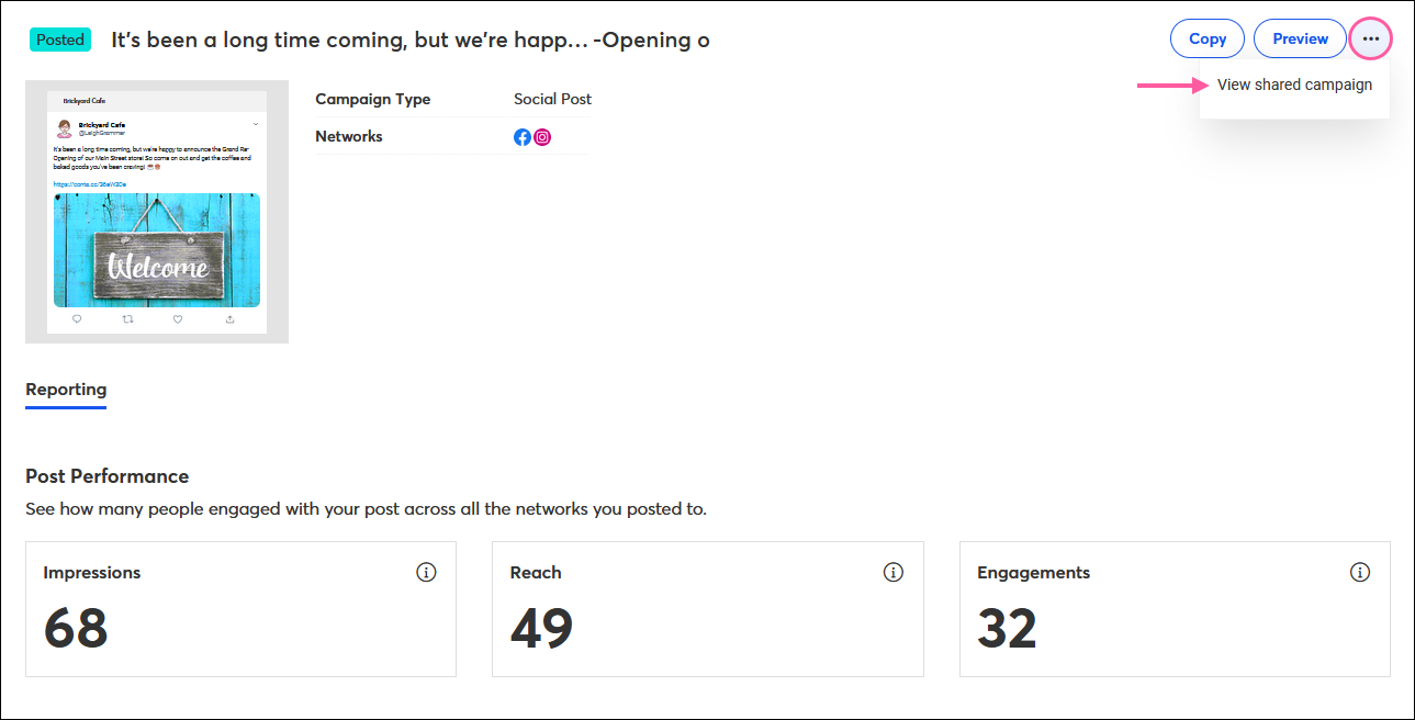 Social Post Details page with menu expanded and View shared campaign option