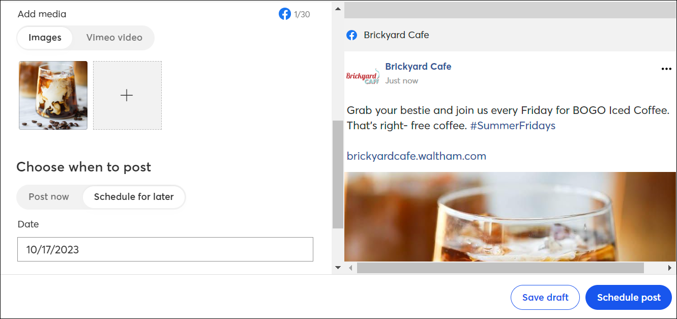 Social Post Create a Post overlay with content options