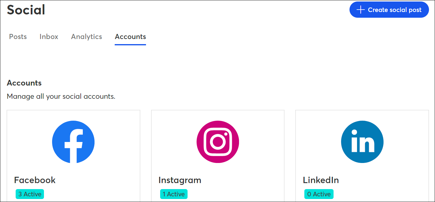 Ventana superpuesta de publicaciones en Connect Your Social Profiles (Conectar sus perfiles sociales) con opciones de Facebook, Instagram, Twitter y LinkedIn