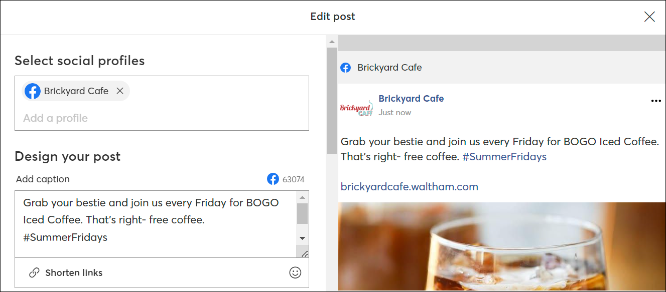 Social Post Create a Post overlay with content options