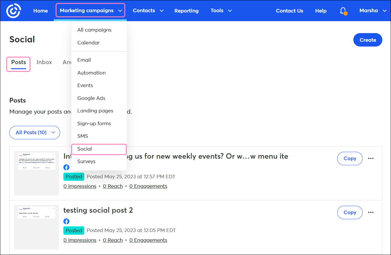 Using our social tools to create posts and share emails, legacy events, and landing pages