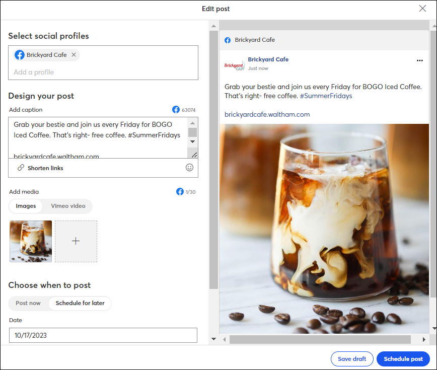Social Post, ventana superpuesta Create a Post (Crear una publicación) con opciones de contenido