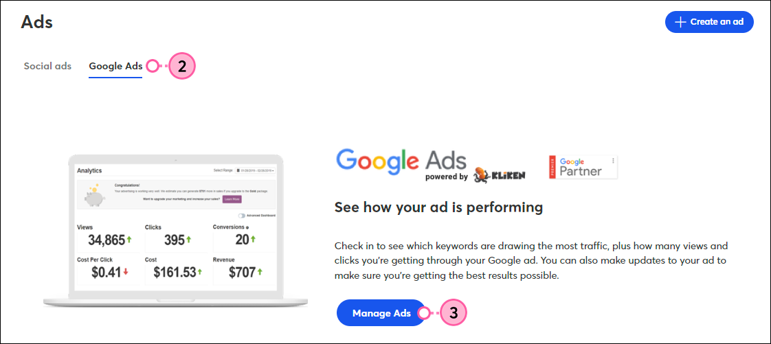Kliken Google Ads Dashboard and Analytics, including views, clicks, cost per click, and total cost data