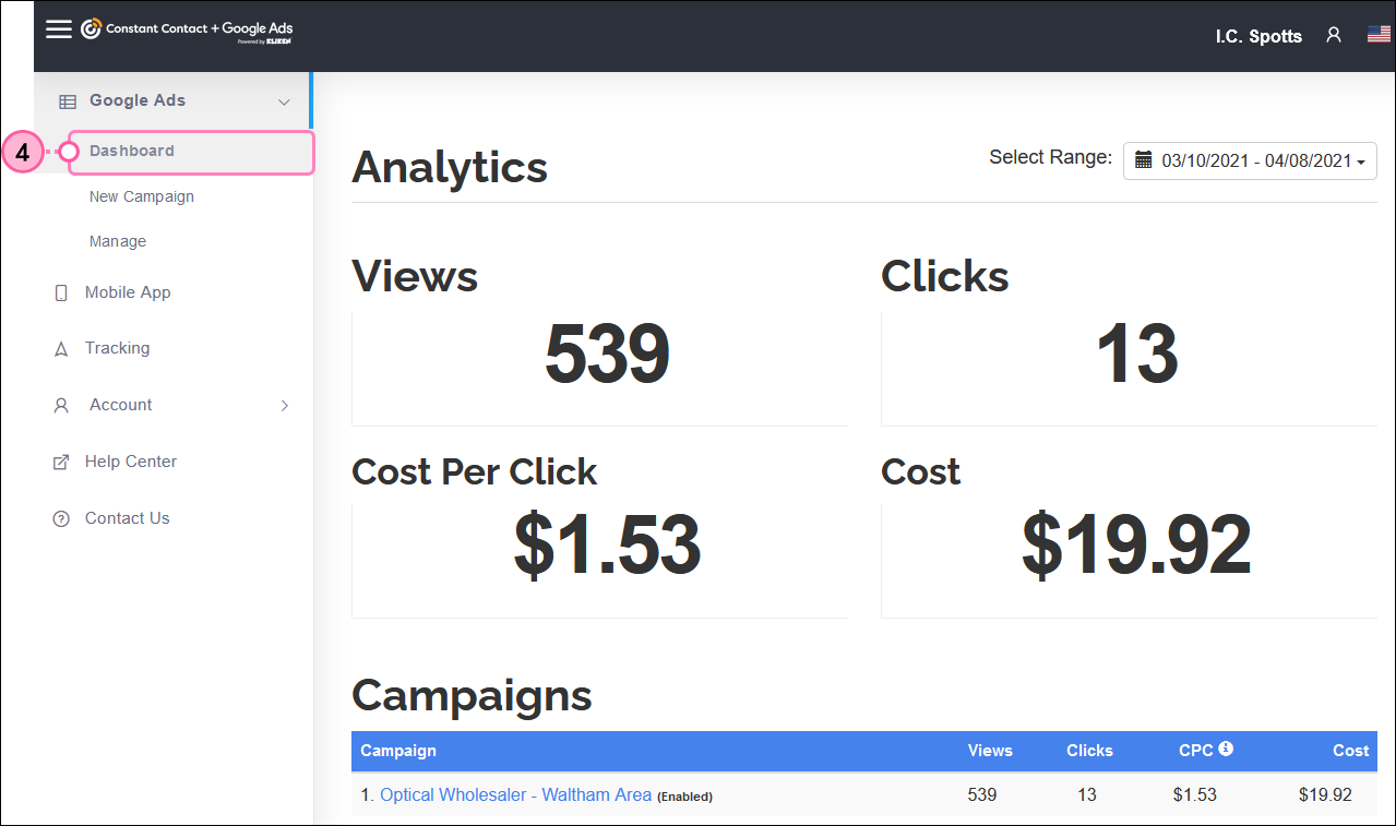 Kliken Google Ads Dashboard and Analytics, including views, clicks, cost per click, and total cost data
