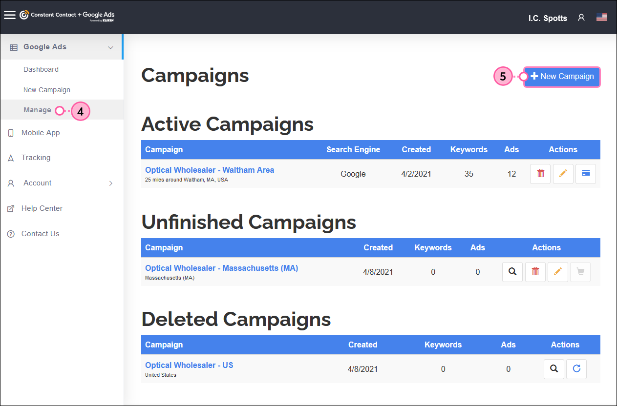 Kliken Google Ads manger and + New Campaign button