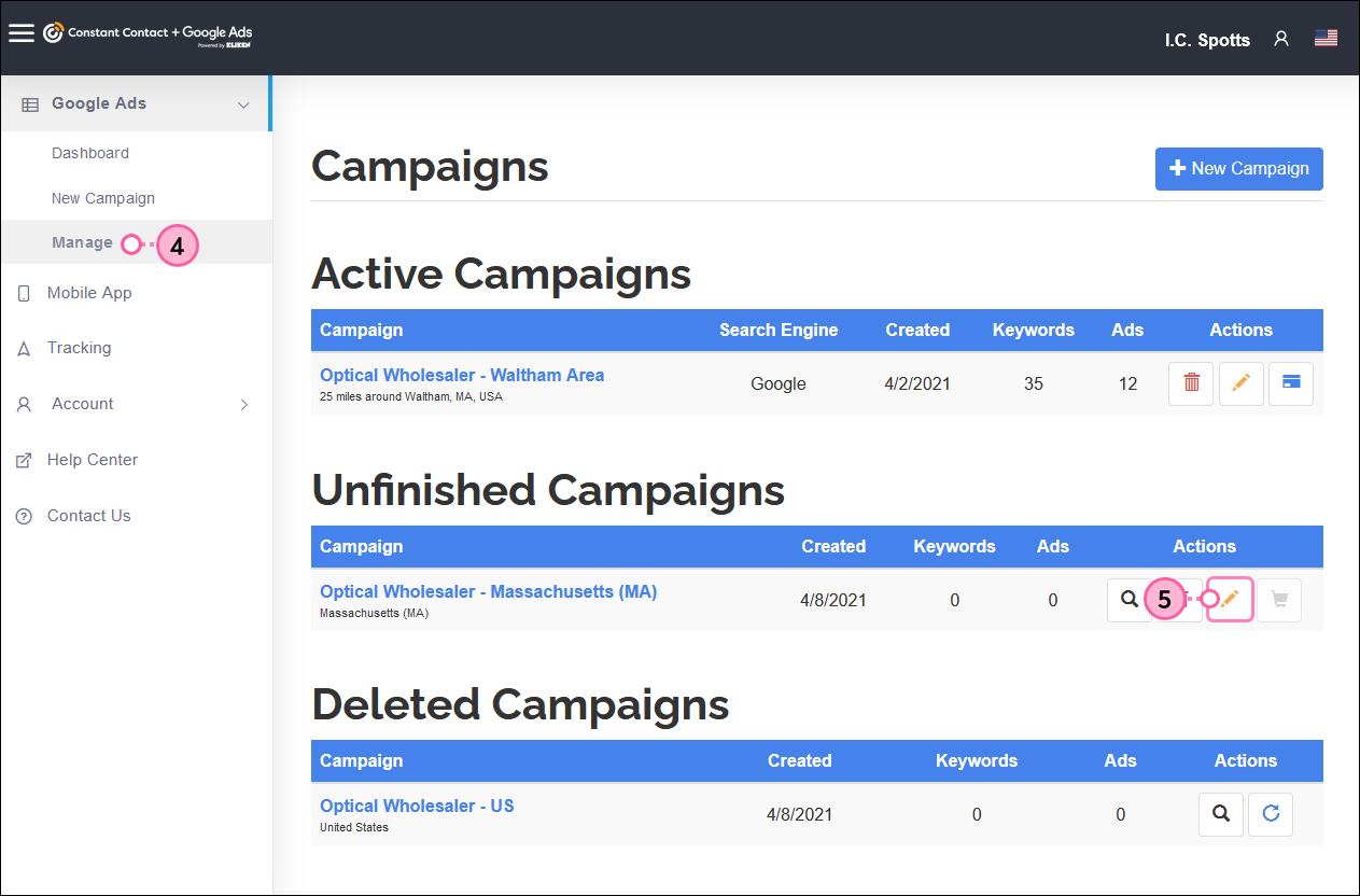 Kliken Google Ads manager, Unfinished Campaigns section, and Edit button
