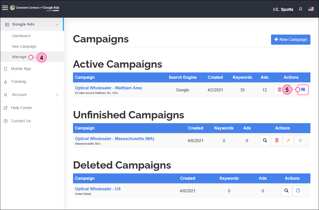Kliken Google Ads manager, active ad and Change Budget button