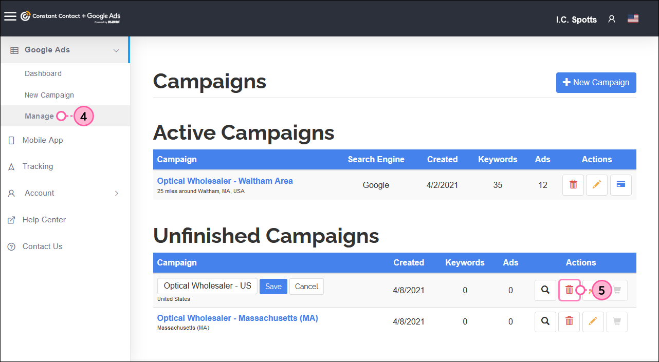 Kliken Google Ads manager, Unfinished Campaigns section, and Delete button