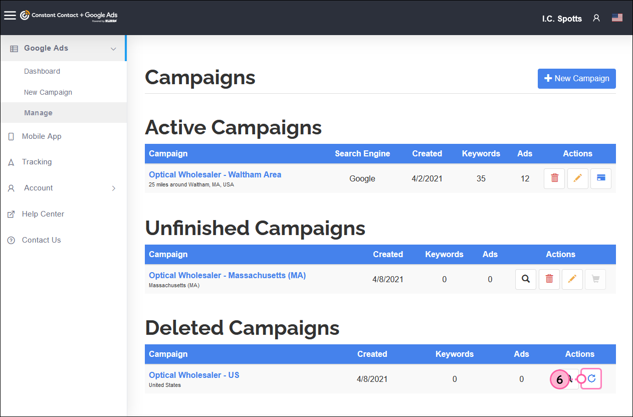 Kliken Google Ads manager, Delete Campaigns section, and Restore button