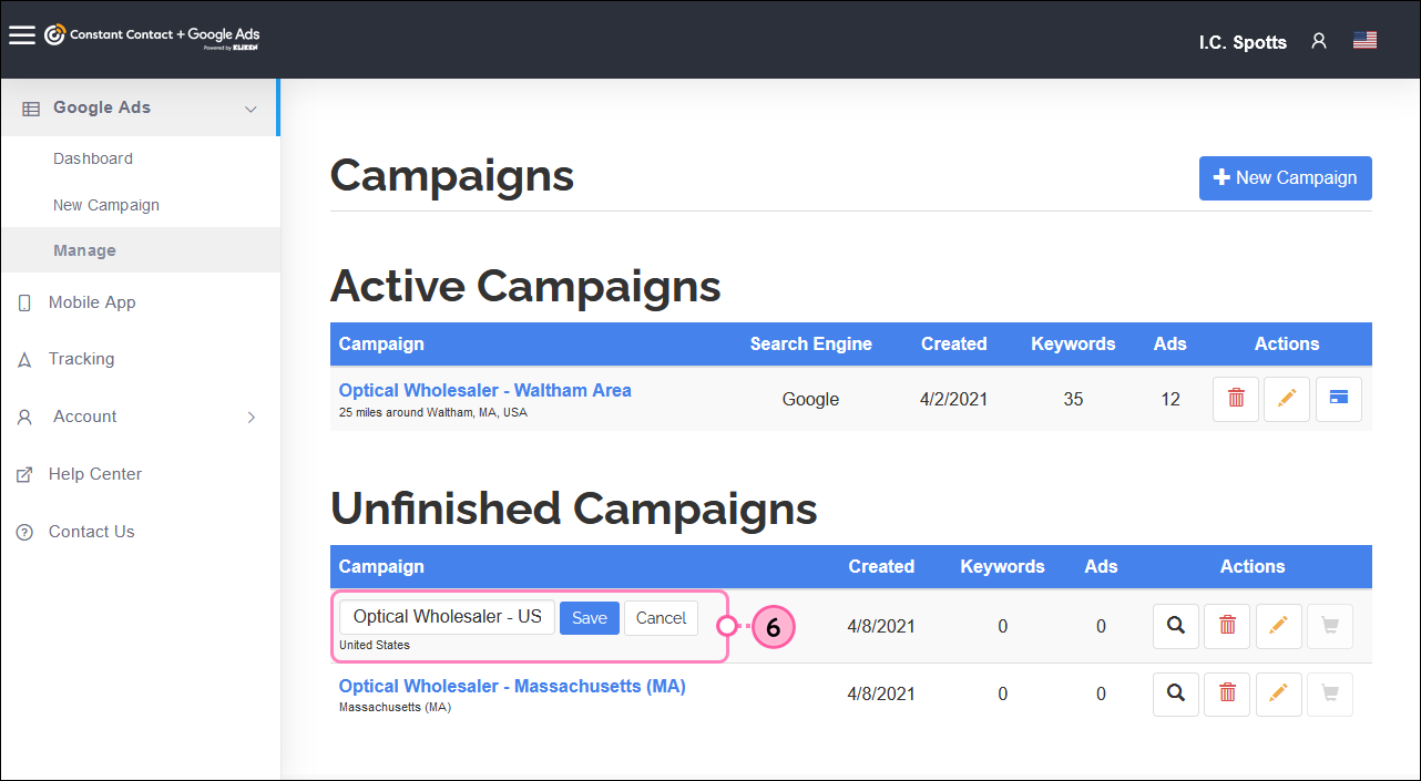 Kliken Google Ads manager, campaign name field and Save button