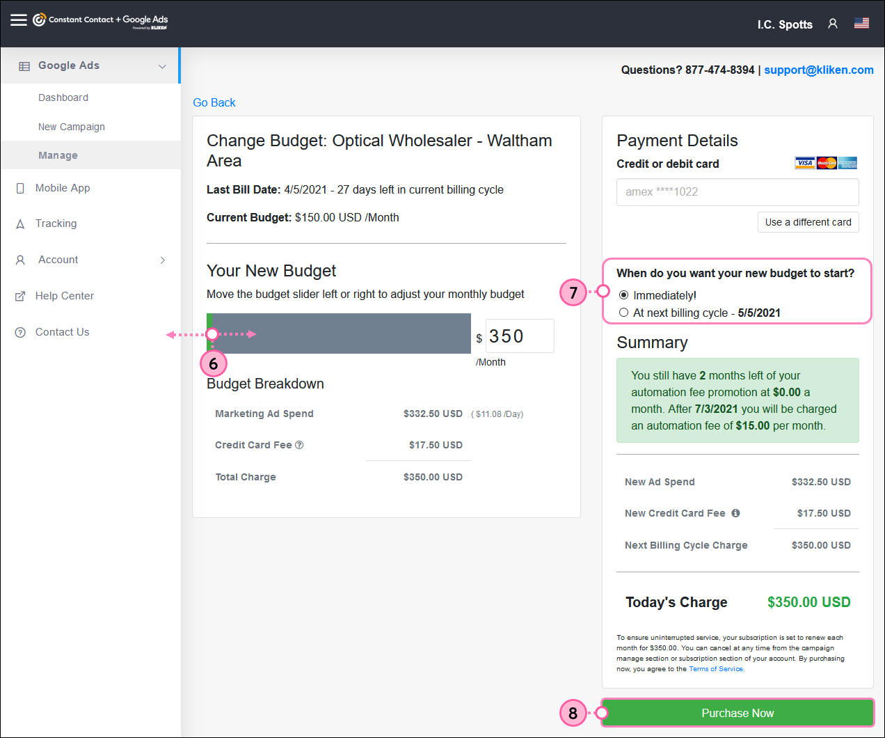 Kliken Google Ads manager, Change Budget page, with Your New Budget slider, Payment Details and Summary sections, and Purchase Now button