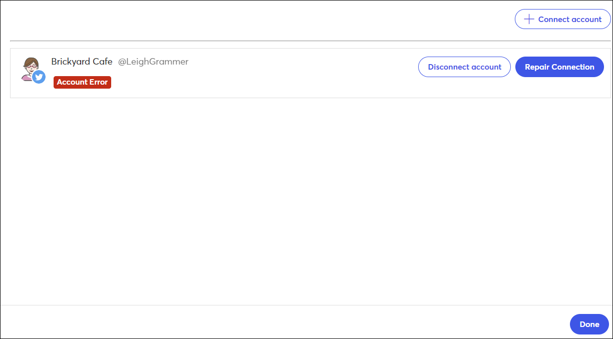 Social tab, Accounts tab, Facebook Integration overlay with Account Error messages and Repair Connection button