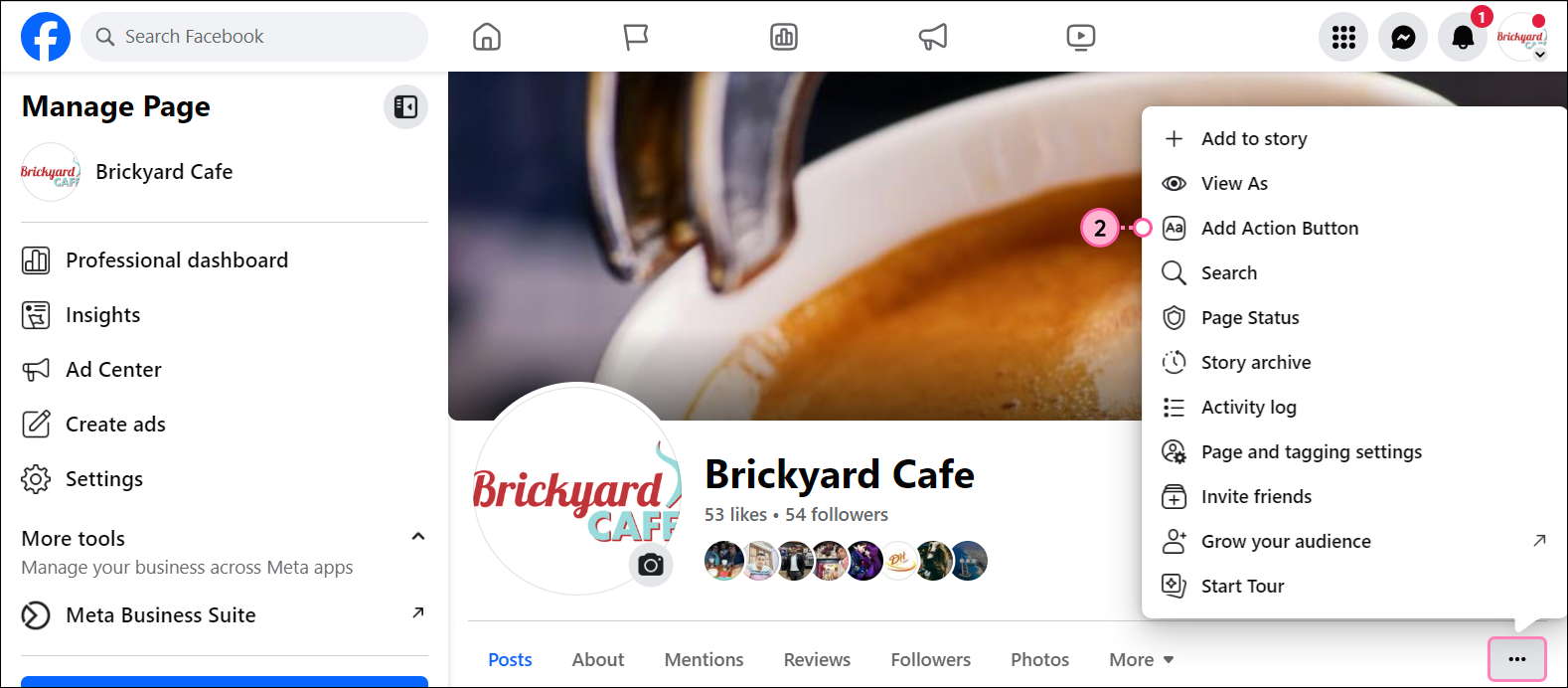 Página de Facebook e imagen de pancarta de perfil con botón Agregar un botón