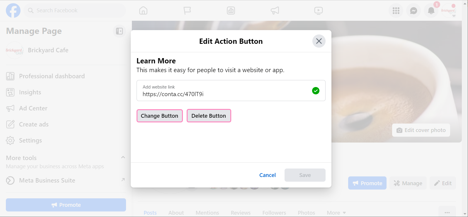Página de Facebook con menú Editar botón Suscripción expandido y opciones Botón de prueba, Obtener suscriptores, Editar botón y Eliminar botón