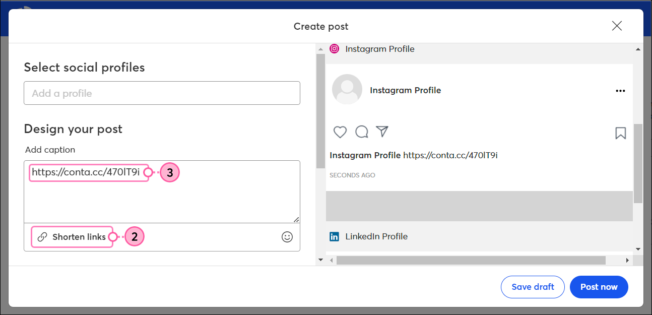 Publicación en redes sociales Ventana superpuesta Crear una publicación, con el botón Shorten URLs (Abreviar URL) y la URL abreviada en el campo de contenido de la publicación