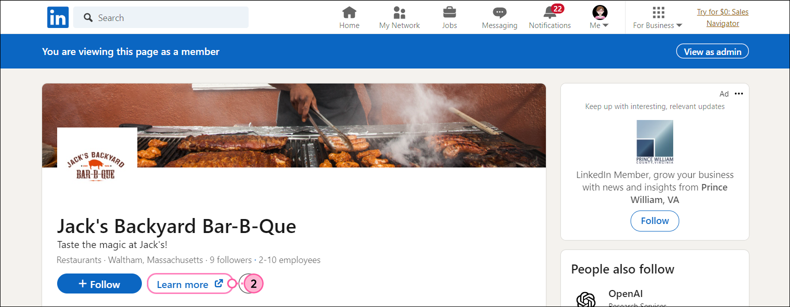 Página de organización de LinkedIn vista como usuario, perfil con botón Conocer más