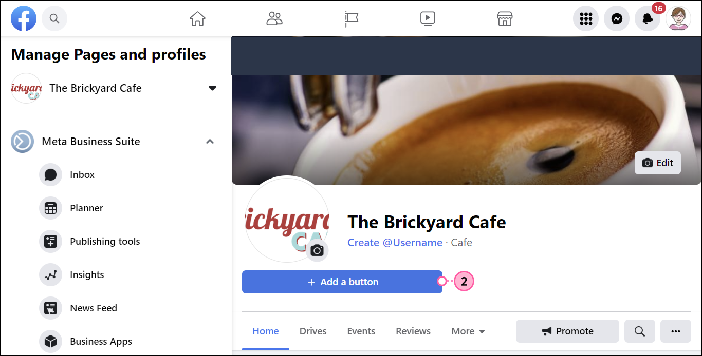 Página empresarial de Facebook con botón Add a Button (Agregar un botón)