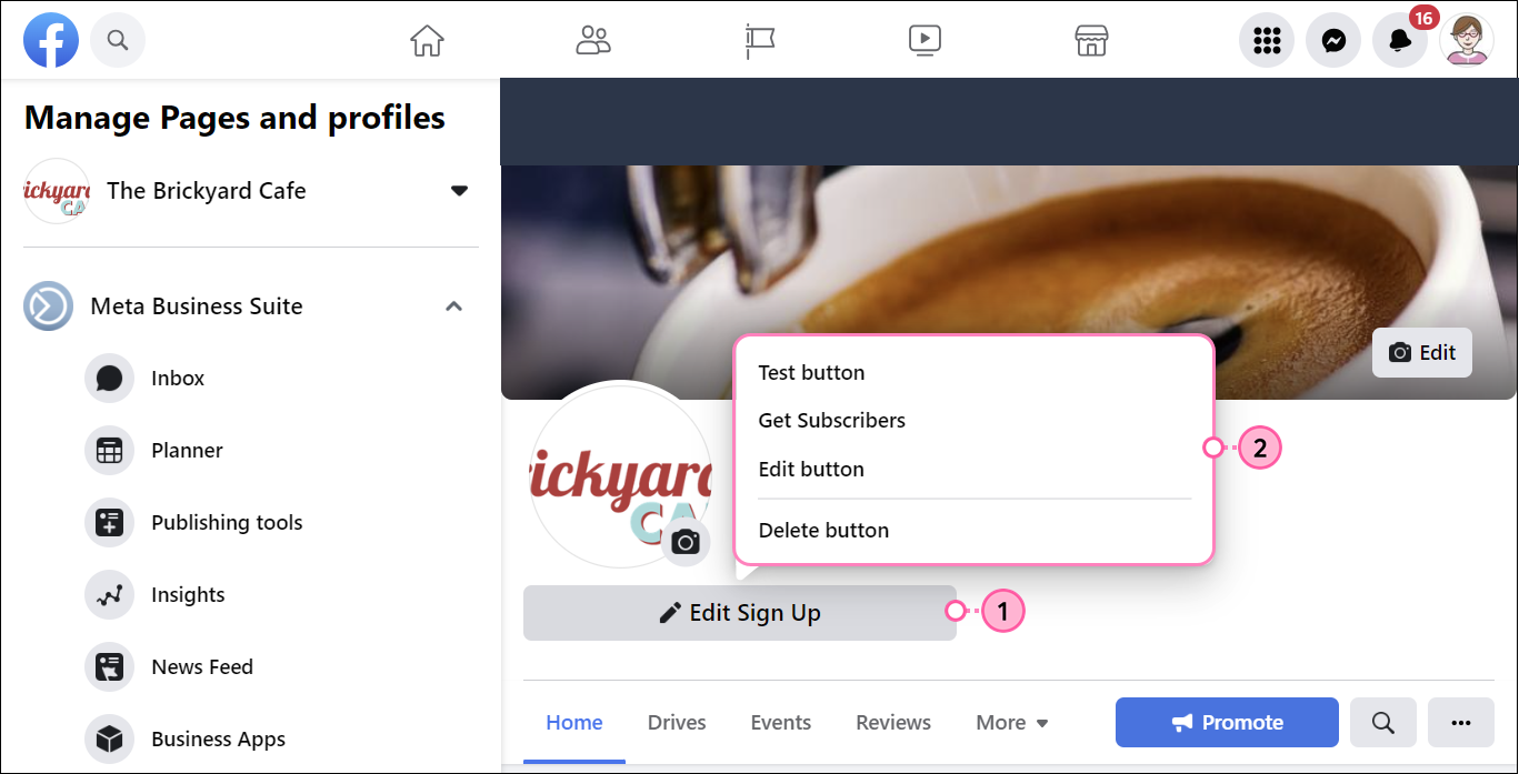 Página empresarial de Facebook con menú Editar botón Suscripción expandido y opciones Botón de prueba, Obtener suscriptores, Editar botón y Eliminar botón