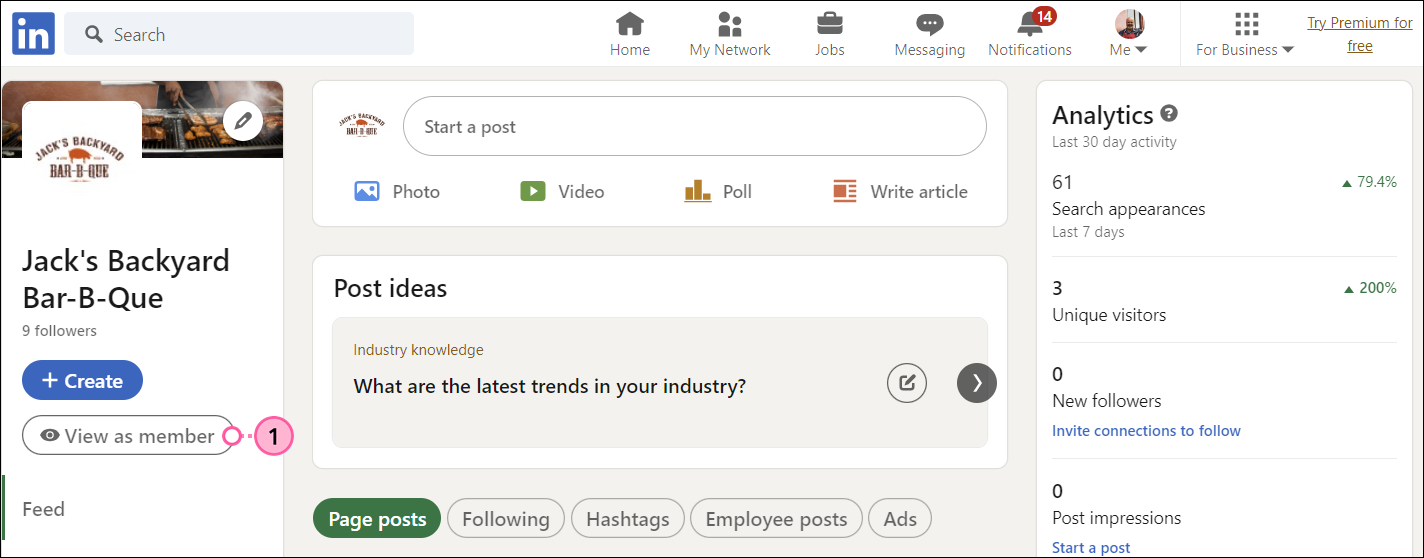 Página empresarial de LinkedIn vista como administrador con el botón Ver como usuario