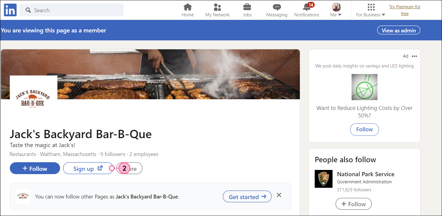 Página empresarial de LinkedIn vista como usuario con el botón de suscribirse