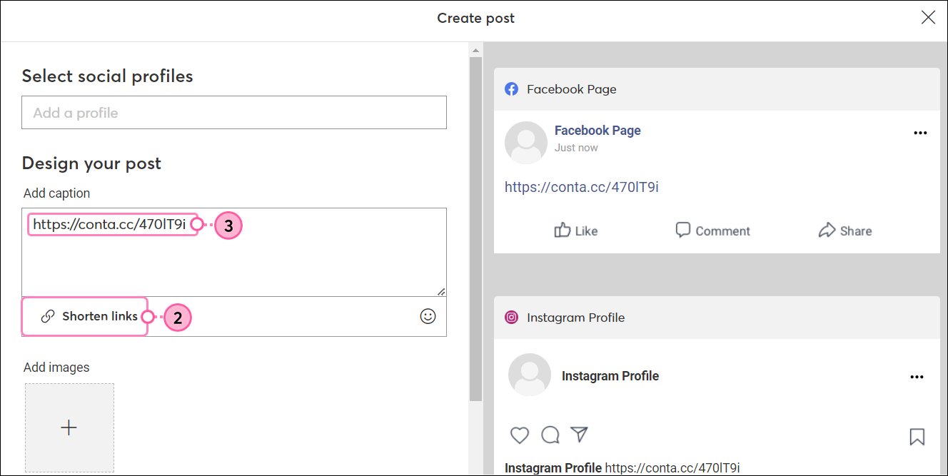 Social Post. Ventana superpuesta Crear una publicación, con el botón Shorten URLs (Abreviar URL) y la URL abreviada en el campo de contenido de la publicación