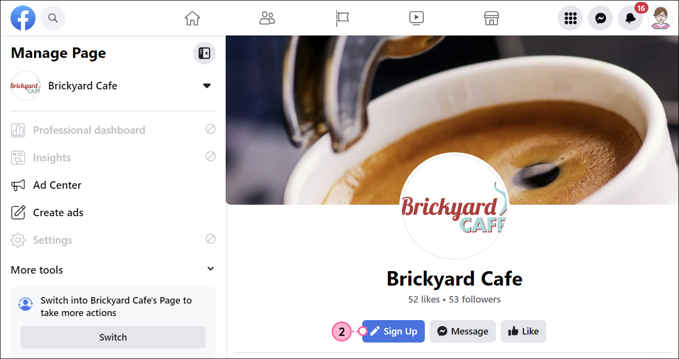 Página empresarial de Facebook como la vería un visitante con botón Sign Up (Suscripción)