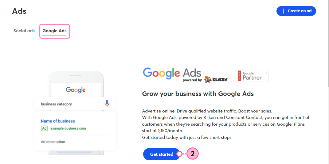 Websites & Stores tab, Google Ads tab selected, and Get Started button