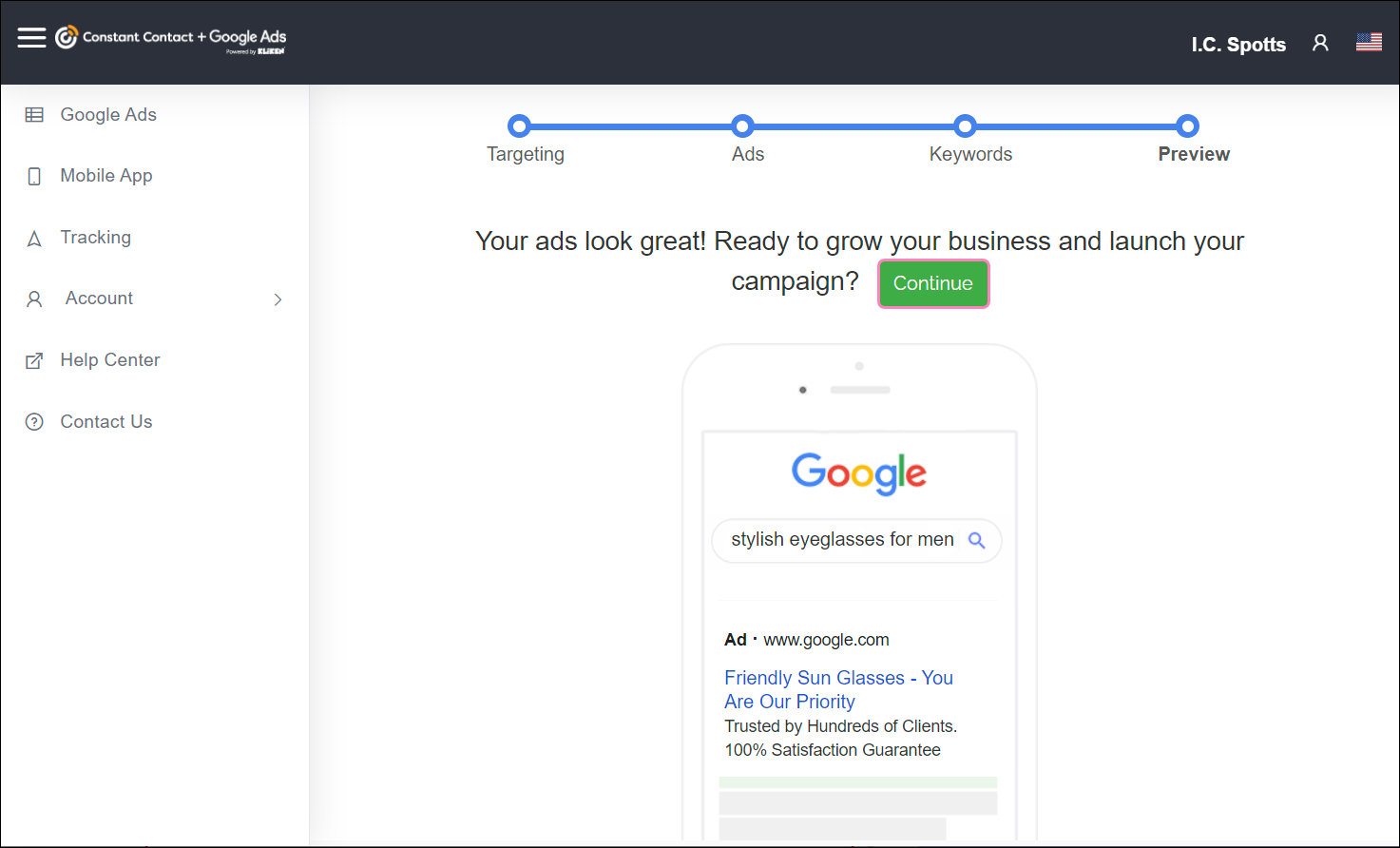 Kliken Google Ads Preview, ad variations, Campaign Summary section with edit options, and Learn More button