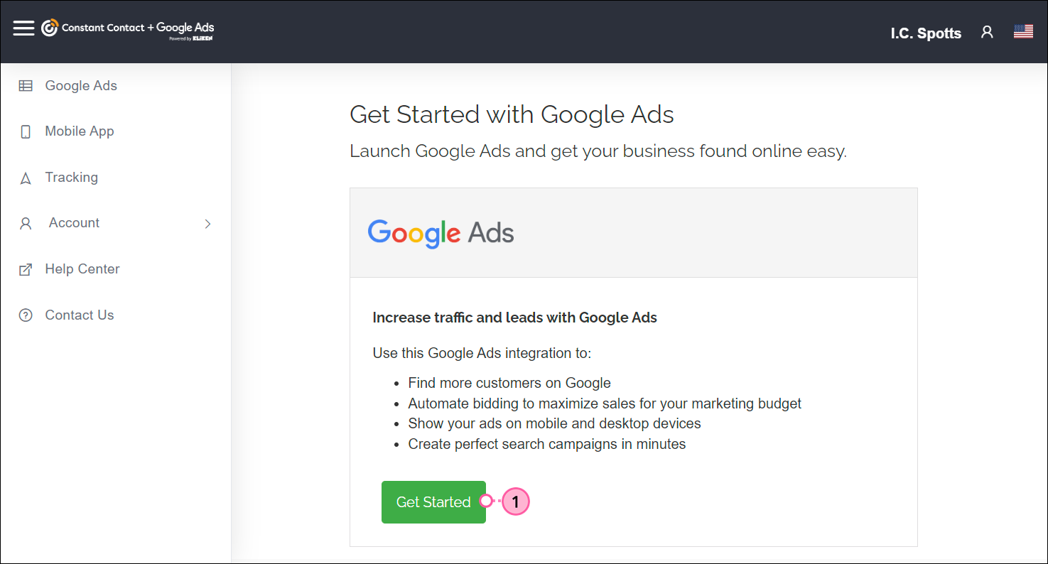 Google Ads account Get Started page and Get Started button