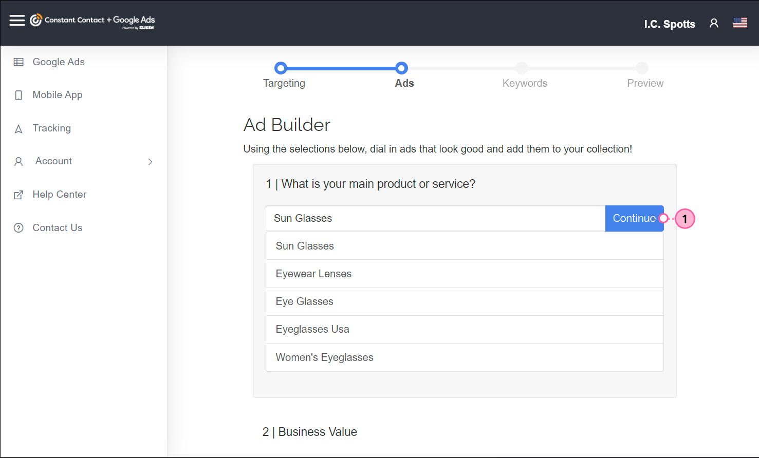 Kliken Google Ads Ad Builder, product or service options and Continue button