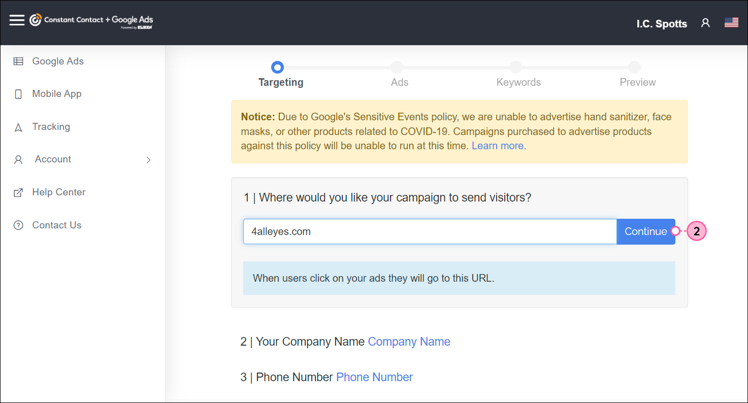 Google Ads create flow, Targeting section, How should your company name appear in your ads field and Continue button