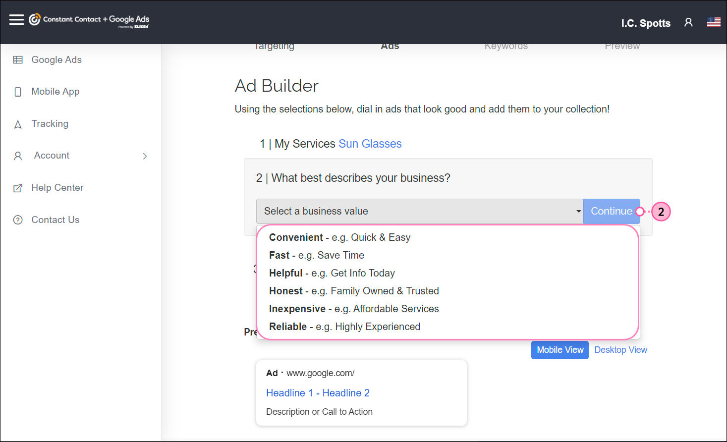 Kliken Google Ads Ad Builder, business value options and Continue button