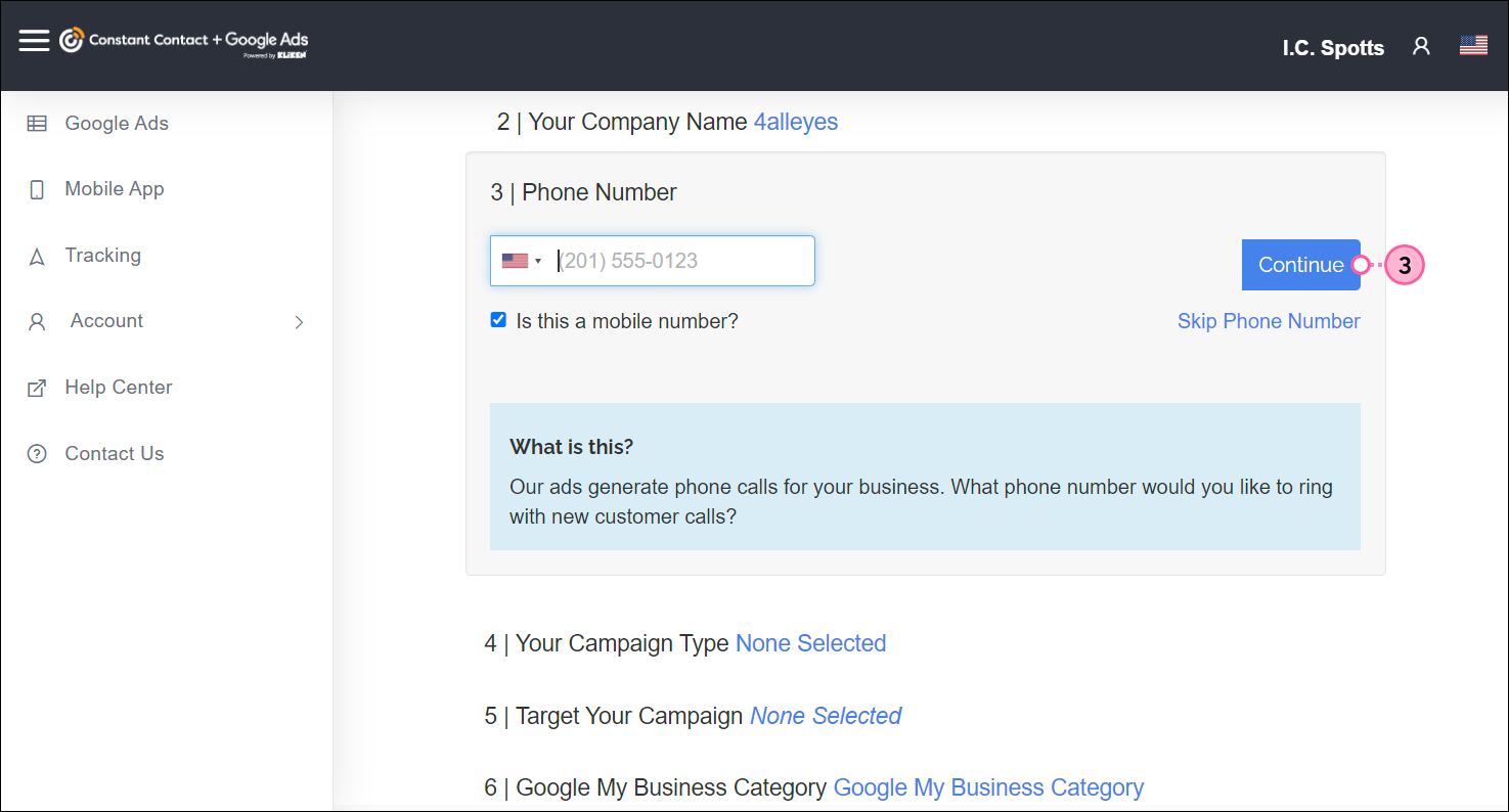Google Ads create flow, Targeting section, Phone Number field and Continue button