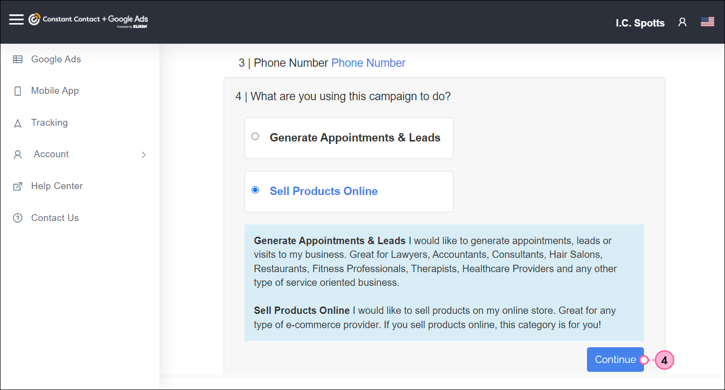 Google Ads create flow, Targeting section, What are you using this campaign to do options, and Continue button