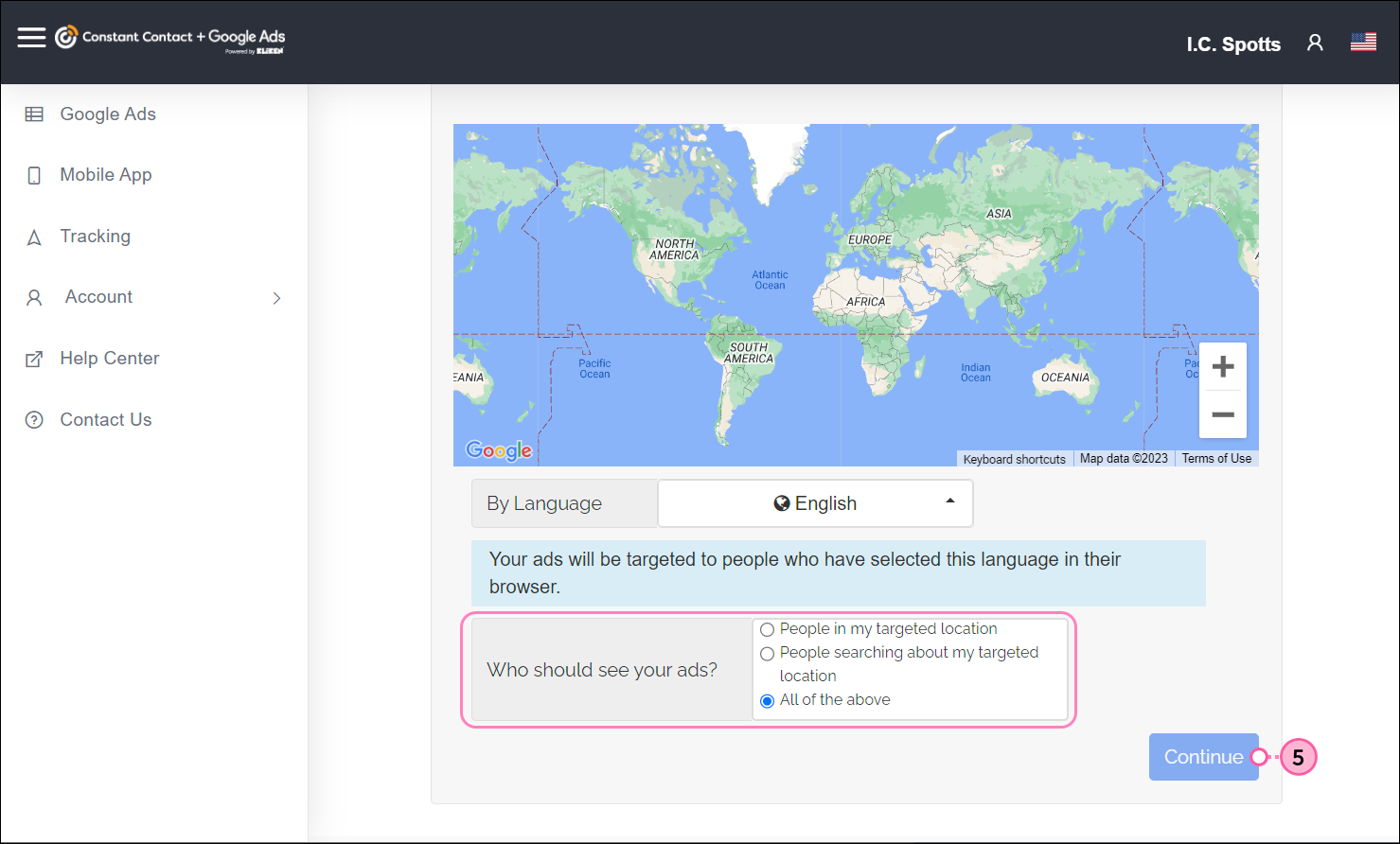 Google Ads create flow, Targeting section, Target Your Campaign options and Continue button