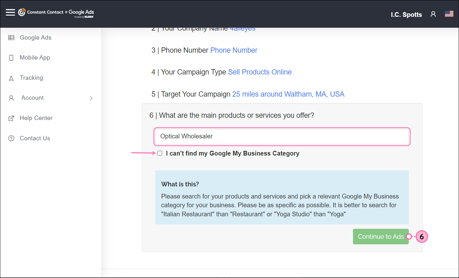 Google Ads create flow, Targeting section, Select a Google My Business Category field, and Continue to Ads button