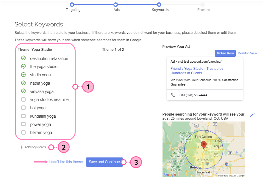 Kliken Google Ads Select Keywords page with keyword options, "I don't link this theme" link, Add Keywords button, and Save and Continue button