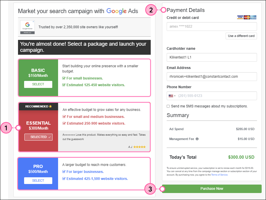 Kliken Google Ads Purchase page, Select a Package options, Payment Details section, Summary, and Purchase Now button