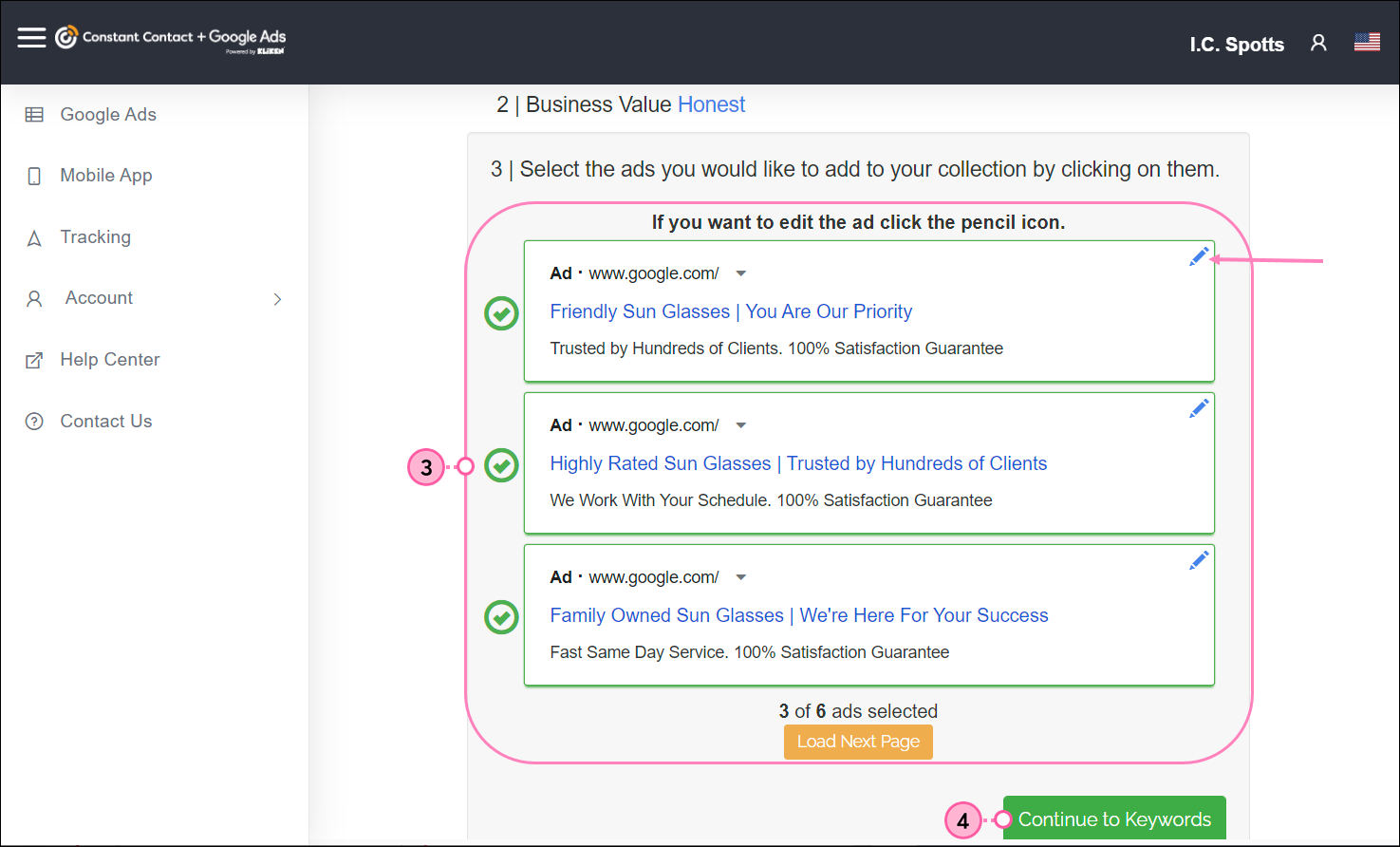 Kliken Google Ads Ad Builder, ad options with edit icon, and Continue to Keywords button