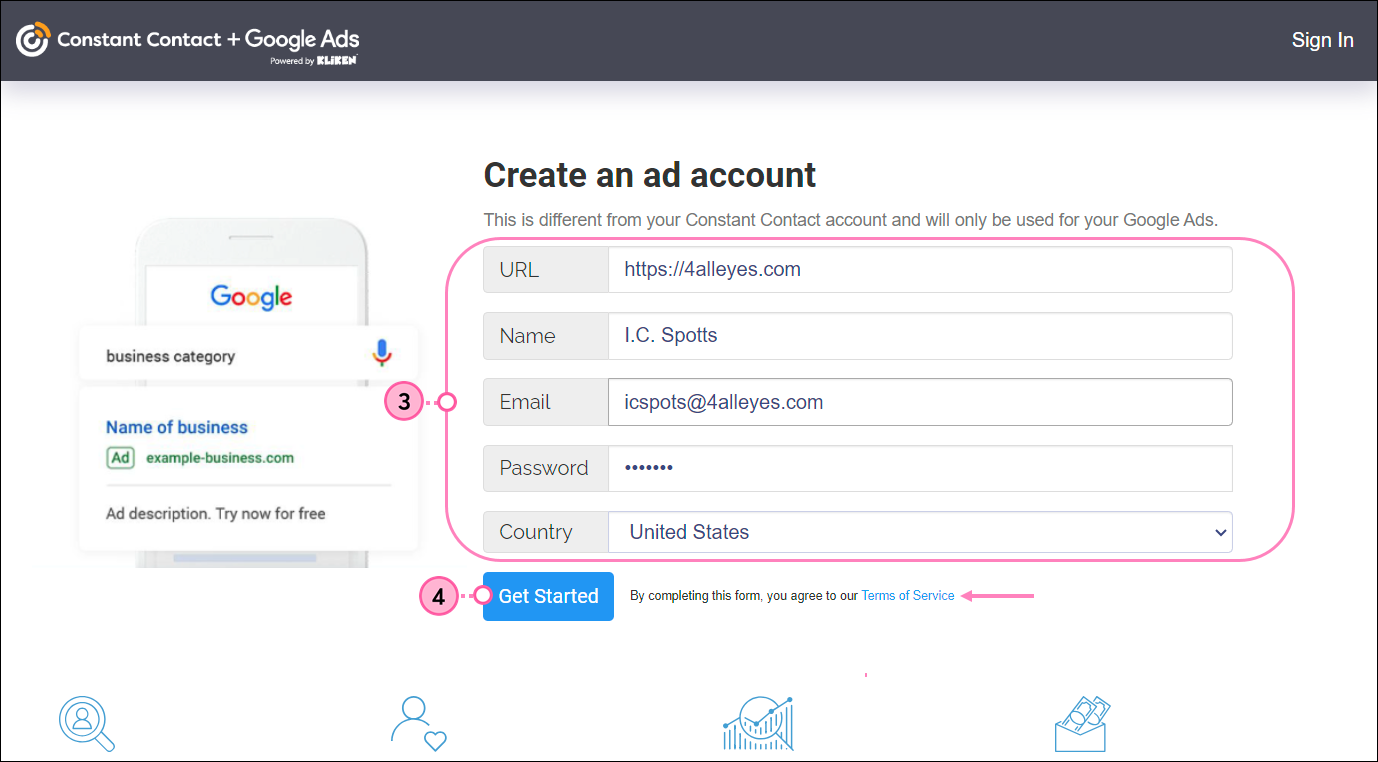 Sign Up to Get Started options with URL field, Name field, Email field, Password field, Country field, and Get Started button