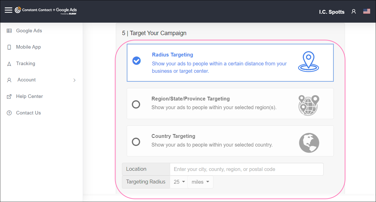 Google Ads create flow, Targeting section, Target Your Campaign options and Continue button