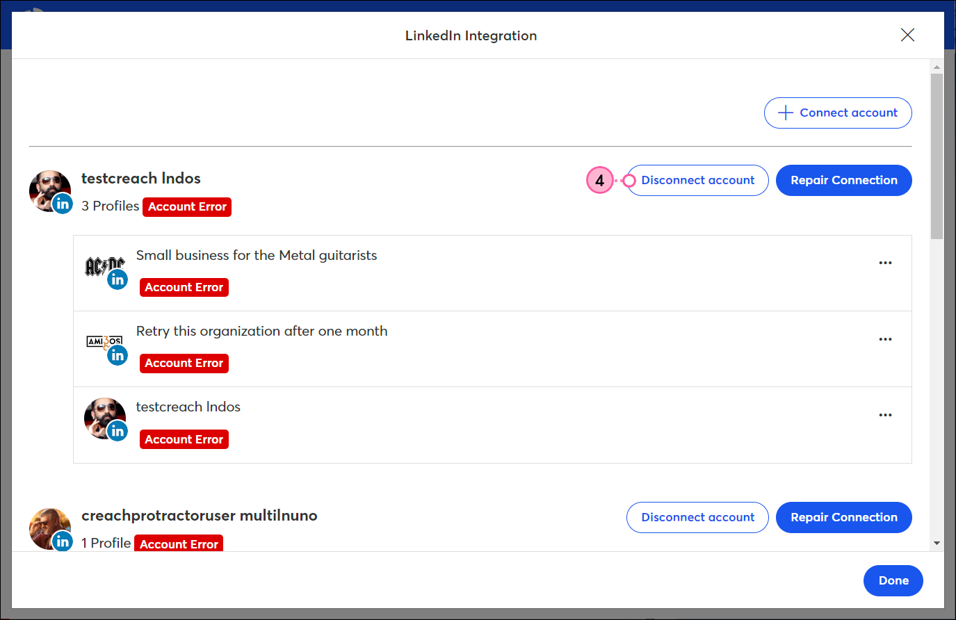 Facebook Integration overlay with account errors and Disconnect Account button