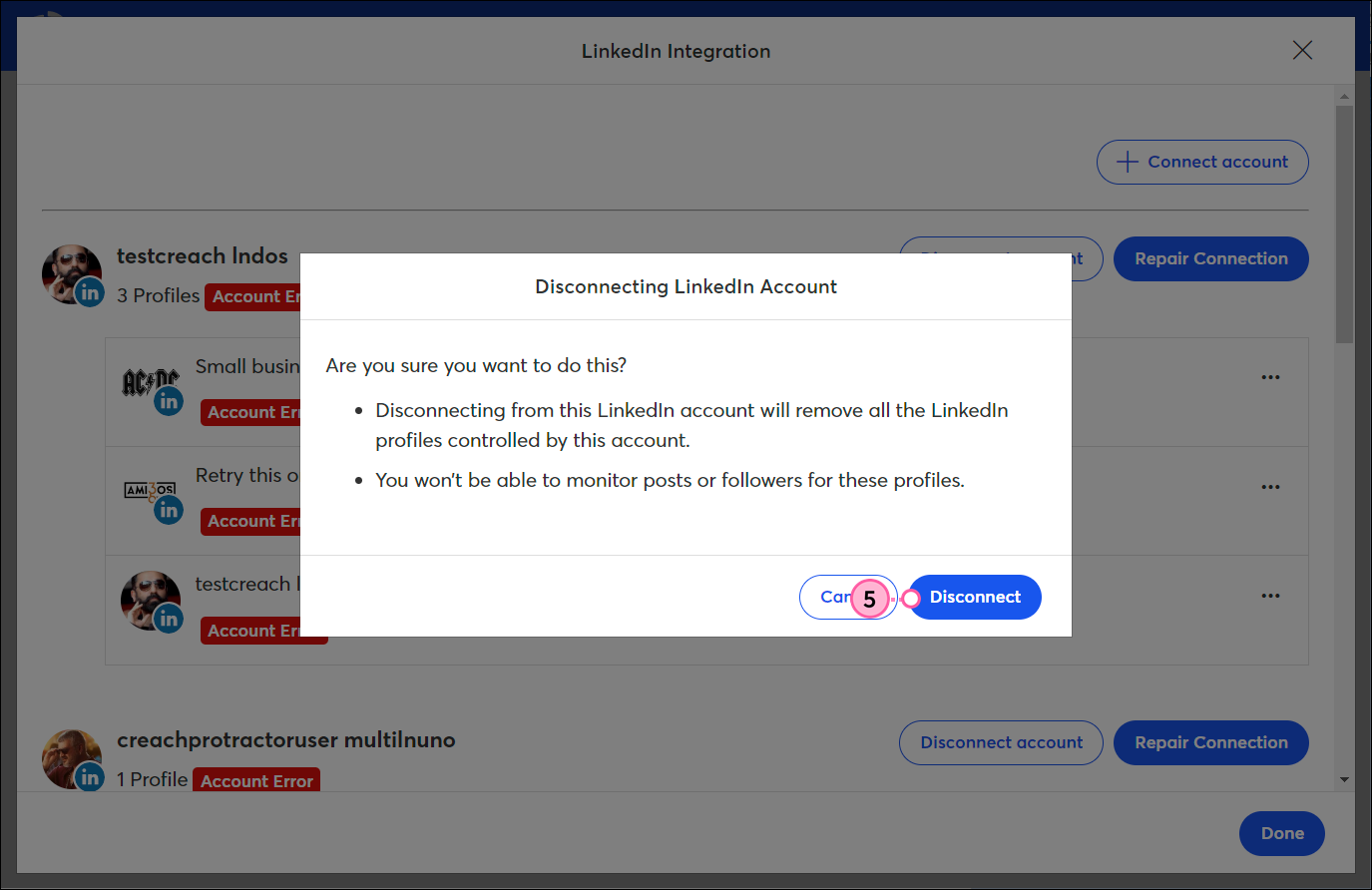Disconnecting Facebook Account overlay and Disconnect button