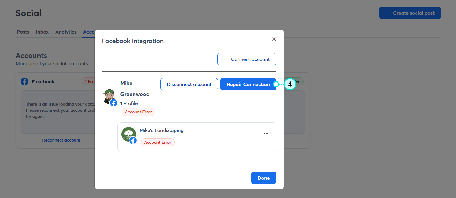 Facebook integration overlay with Account Errors and Repair Connection button