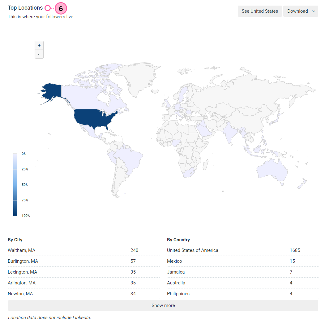 Social Tab, Analytics tab selected, Top Locations section, map with zoom controls, and See United States button, By City section, and By Country section