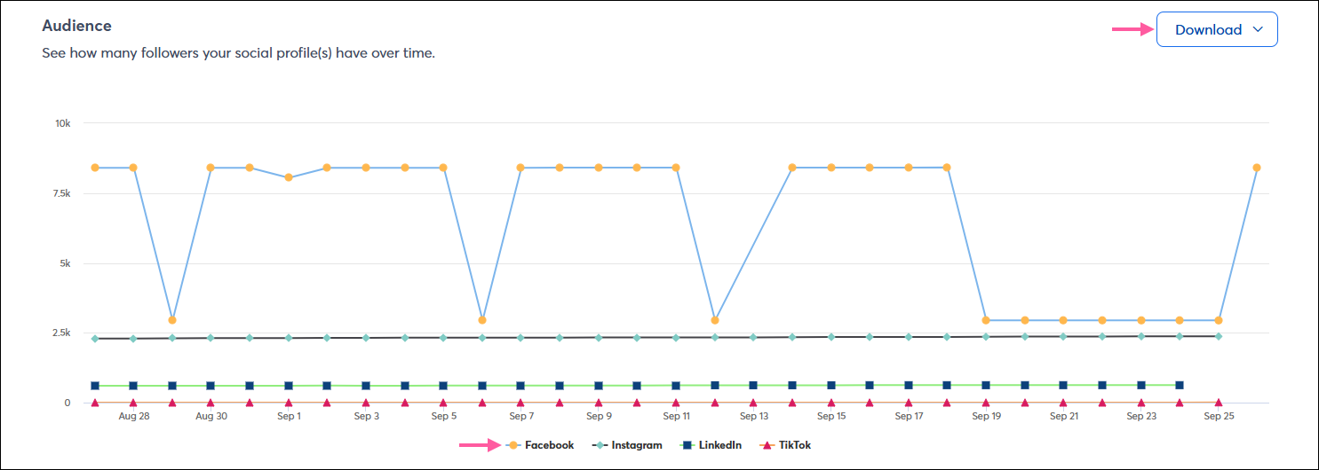 Audience line graph with Facebook, Instagram, LinkedIn, and TikTok represented, and Download button